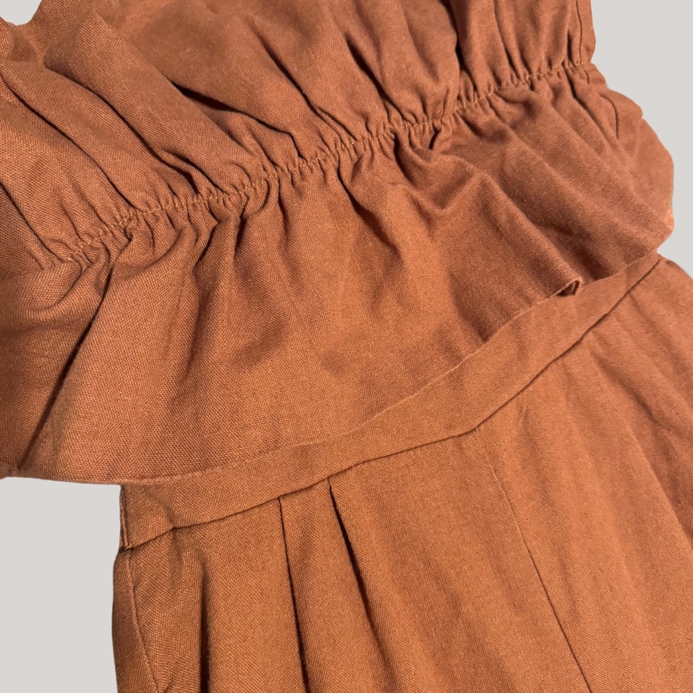 ASTR The Label Ruffle Bodice Tie Back Strapless Cotton Linen Jumpsuit Brown S - Picture 9 of 13